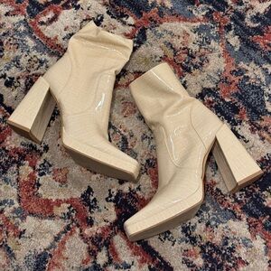 Princess Polly cream platform chunky heel croc faux leather heel booties boots